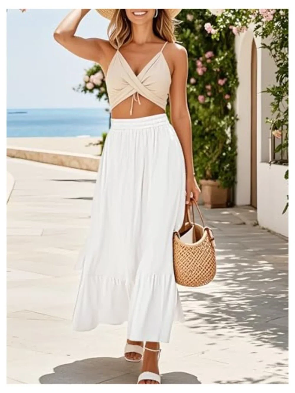 Boho Flowy Maxi Skirt with Pockets Elastic Waist A-Line